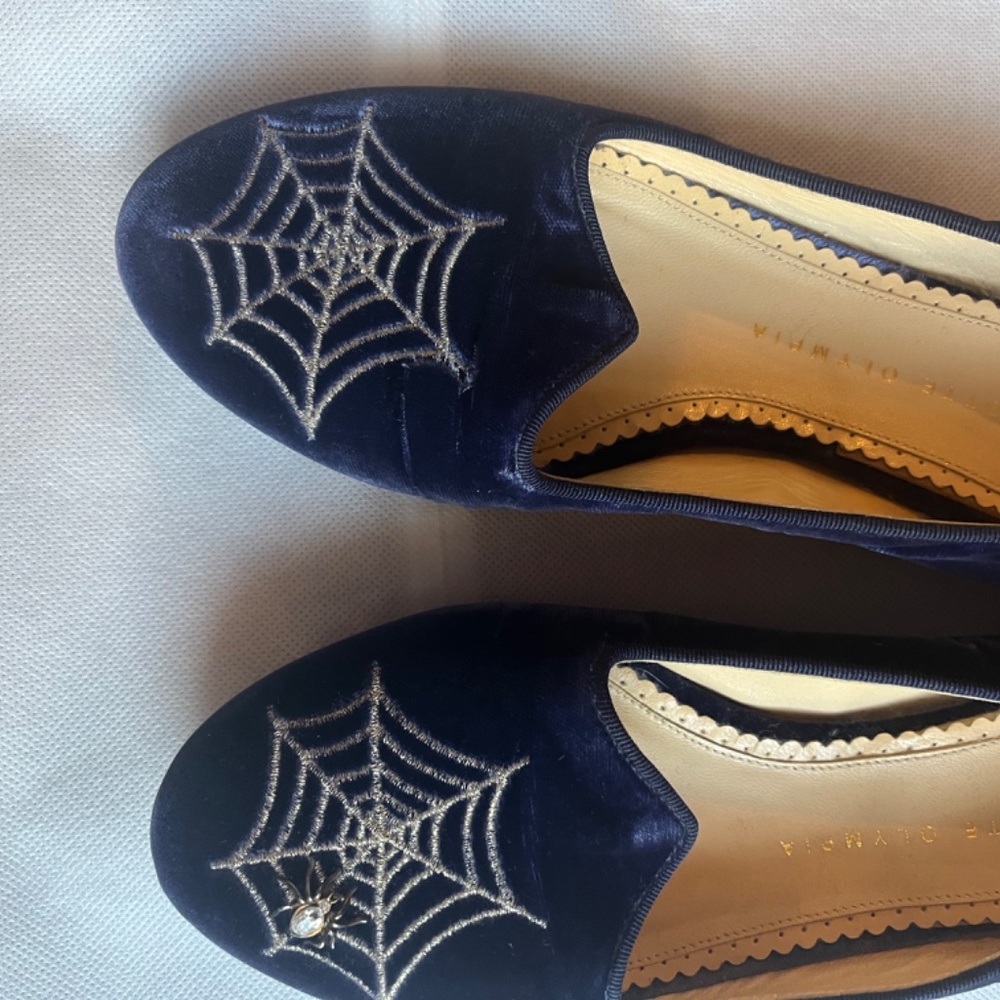 Charlotte Olympia Navy Velvet Spider Web Embroidered Flats - Picture 3 of 9